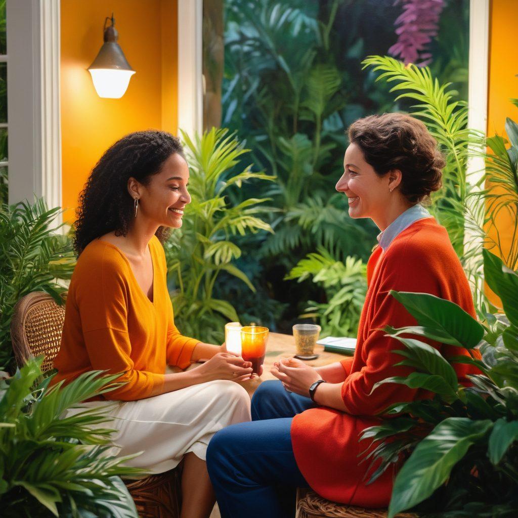 A serene gathering of diverse individuals in a cozy setting within Spencer House, engaged in heartfelt conversations, surrounded by plants and warm lighting. Emphasize their genuine smiles and supportive body language, showcasing emotional connection and community spirit. Include vibrant colors to convey warmth and positivity. Add soft textures to represent a welcoming environment. painting. vibrant colors.