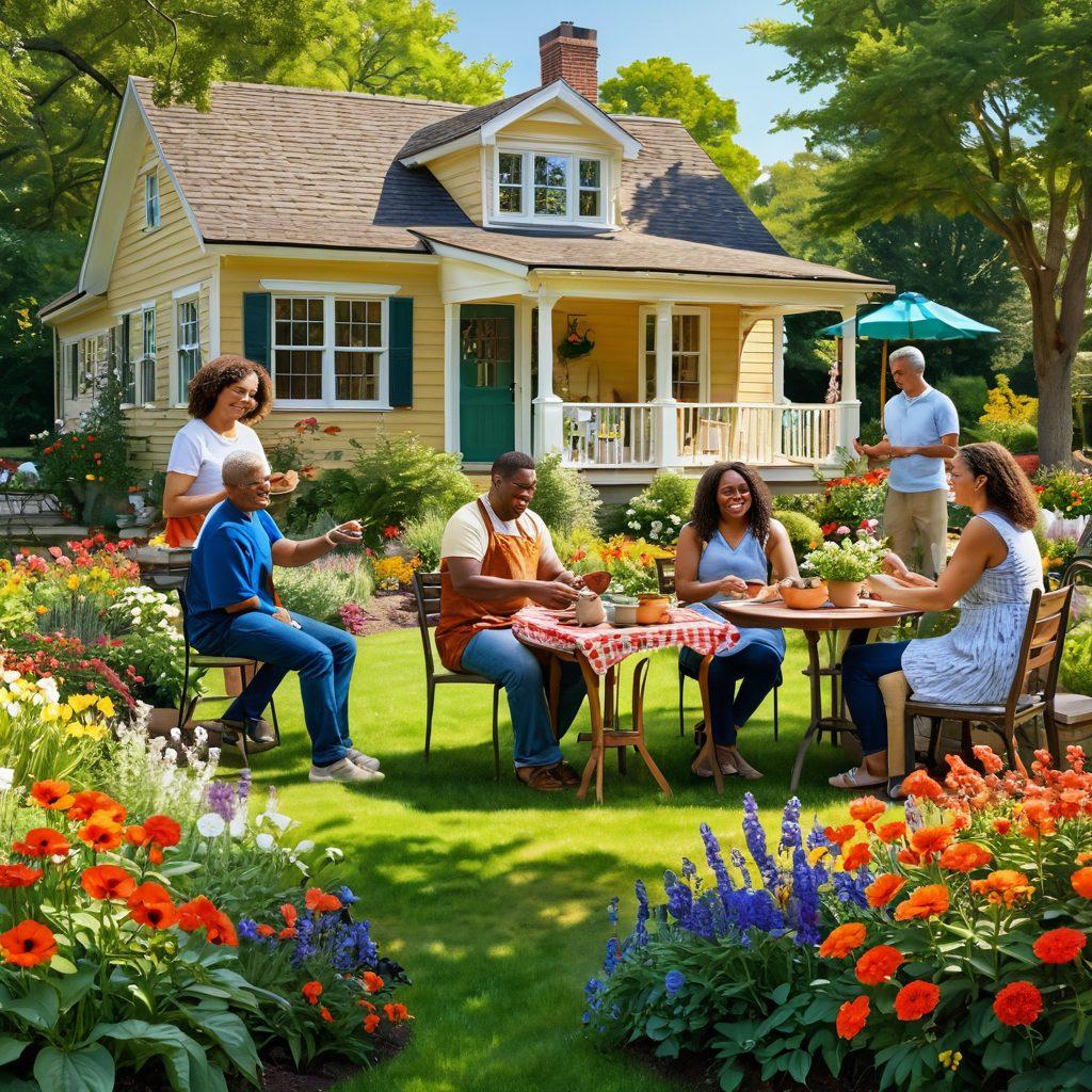 A warm and inviting scene depicting diverse individuals from the Spencer House Community, joyfully engaging in various activities like gardening, cooking, and socializing. The background features a vibrant garden filled with blooming flowers and greenery, symbolizing growth and positivity. Sunlight filters through the trees, creating a cheerful atmosphere. Include elements of a cozy house that evoke a sense of belonging. super-realistic. vibrant colors. warm tones.