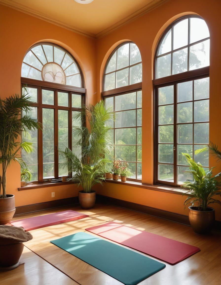 A serene and inviting setting inside Spencer House, showcasing diverse individuals engaged in various wellness activities like yoga, meditation, and group discussions. Soft natural lighting filters through large windows, surrounded by lush plants and colorful decor that exudes positivity. Include elements like a wellness bulletin board and cozy seating areas that reflect a communal spirit. warm and inviting colors. super-realistic.